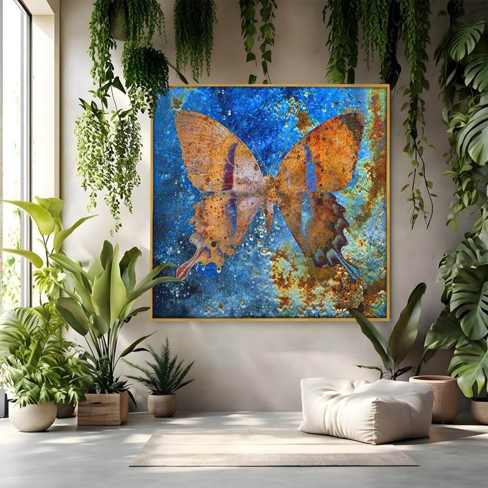 Tablou canvas cu tablou patrat cu fluture ruginiu, in rama de aluminiu auriu